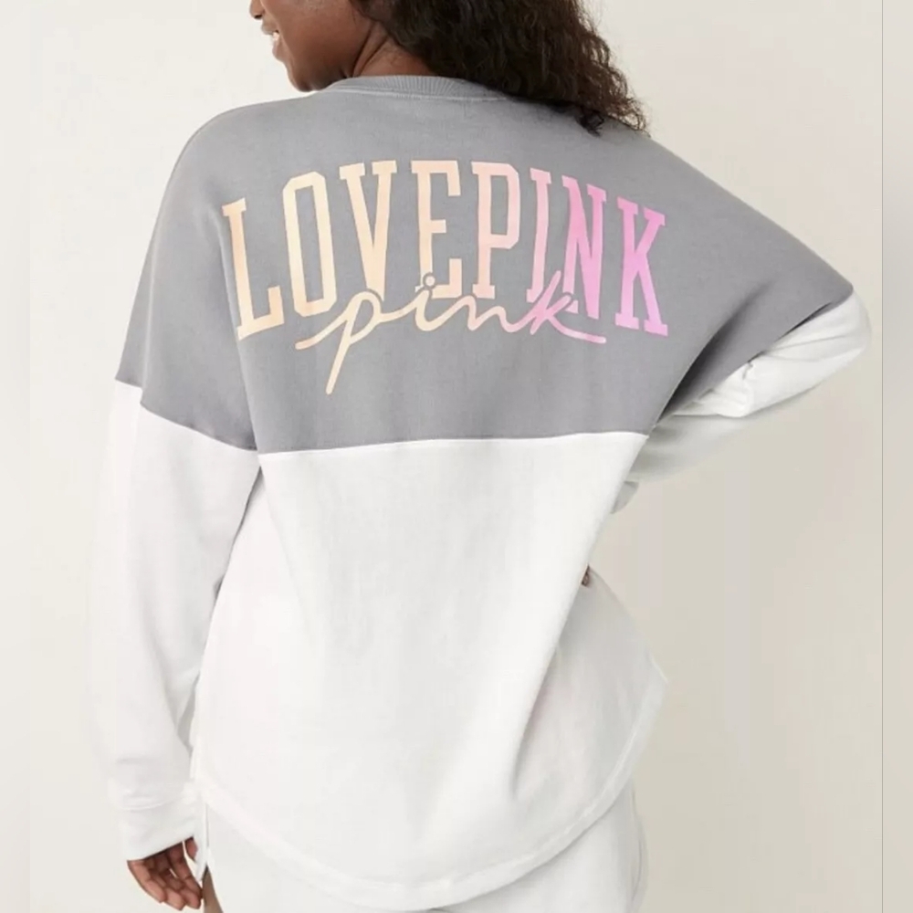 Victorias Secret Pink Varsity Crew Sweater Jacket Ombré Logo Oversized RARE